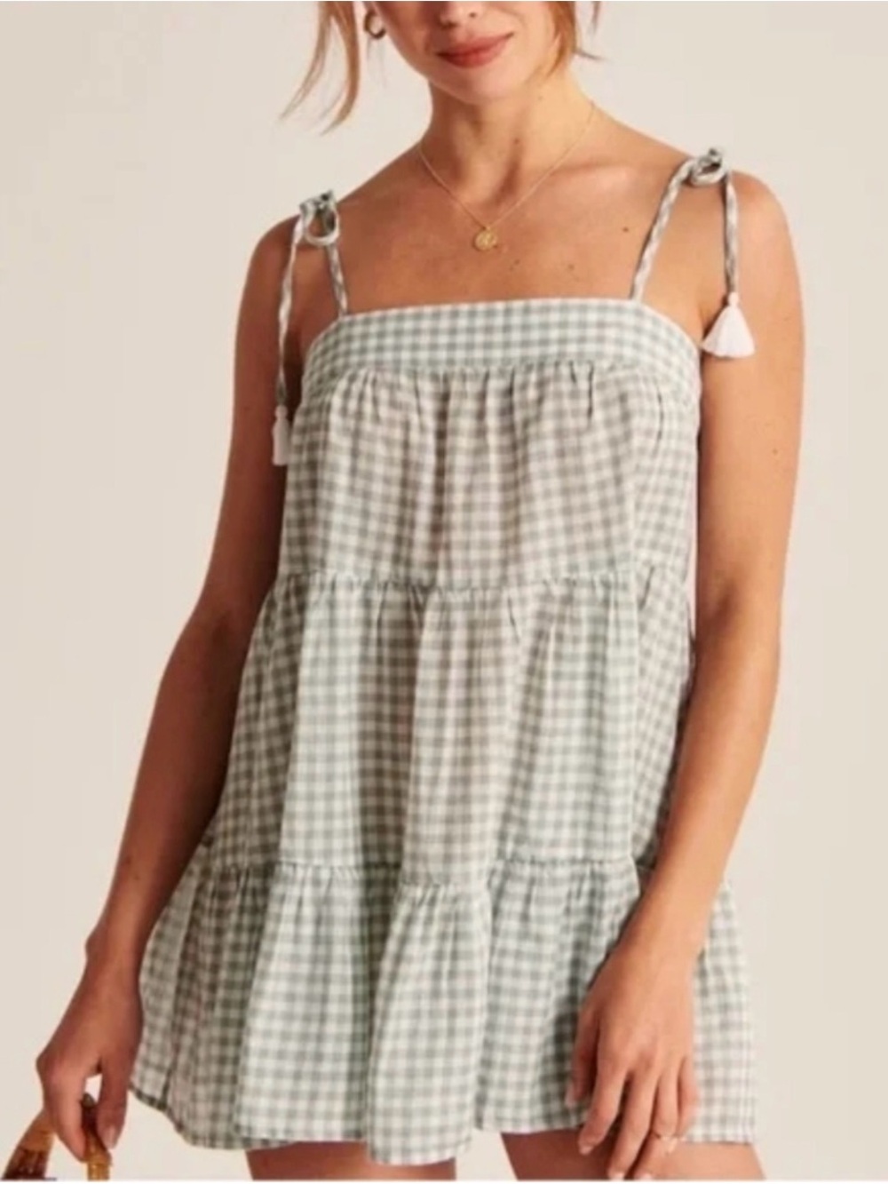 Abercrombie Green Gingham Tie Strap Tiered Mini Dress Cover Up M
